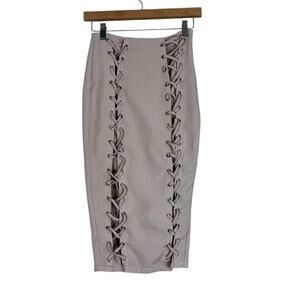 Pretty Little Thing Midi Skirt Womens 6 Nude Lace Up Bodycon Y2K Going Out
